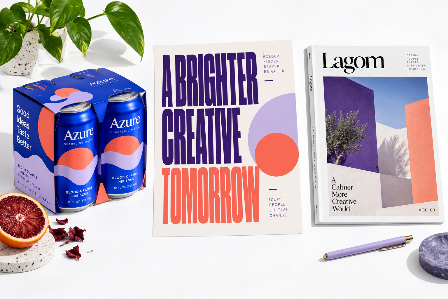 Illustrative packaging, poster, and editorial design concepts